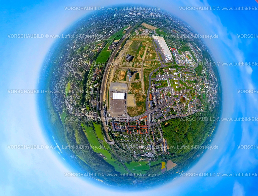 Duesseldorf240590082Gerresheim_GlasmacherViertel | Luftbild, Glasmacherviertel, Baustelle mit Neubau  für grünes und urbanes Quartier, ehemals Gerresheimer Glashütte, Zentrum Heyestraße Süd, Erdkugel, Fisheye Aufnahme, Fischaugen Aufnahme, 360 Grad Aufnahme, tiny world, little planet, fisheye Bild, Gerresheim, Düsseldorf, Nordrhein-Westfalen, Deutschland