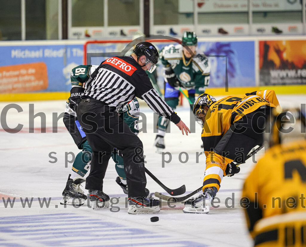 2025-08-22_031_TSV_Erding_gegen_EV_Fuessen | Erding, Deutschland, 22.08.2025:Eishockey, Oberliga Süd 2025 / 2026, Testspiel, TSV Erding gegen EV Füssen, Endergebnis: 1:4Maximilian Forster (Erding Gladiators, #81), Julian Straub (EV Füssen, #19)Foto: Christian Riedel / fotografie-riedel.net