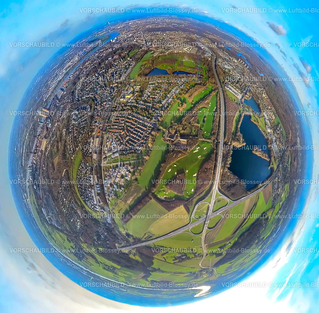Duisburg2301fish0009AngerbogenGolfclub | Luftbild, Golfplatz Golf und More Huckingen GmbH, Angerbogen Wohnsiedlung, Rahmer See, Fisheye Aufnahme, Fischaugen Aufnahme, 360 Grad Aufnahme, Huckingen, Duisburg, Ruhrgebiet, Nordrhein-Westfalen, Deutschland