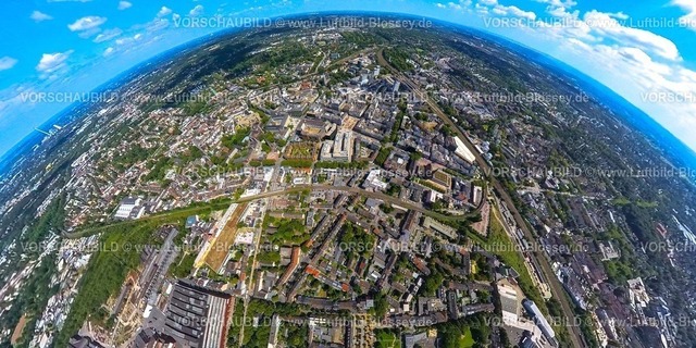 Bochum230890064 City | Luftbild, City Innenstadtansicht, Viktoria-Karree, Rathaus, Baustelle Husemannplatz, Erdkugel, Fisheye Aufnahme, Fischaugen Aufnahme, 360 Grad Aufnahme, tiny world, Gleisdreieck, Bochum, Ruhrgebiet, Nordrhein-Westfalen, Deutschland