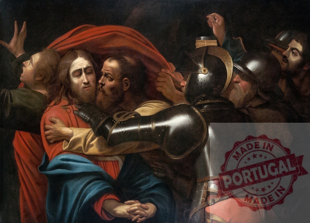 Art by Carravagio Jesus Christ receiving Judas Iscariot kiss leading to arrest | Jesus Christ being betrayed by Judas Iscariot, a symbolic kiss leading to his capture by soldiers - Realisiert mit Pictrs.com