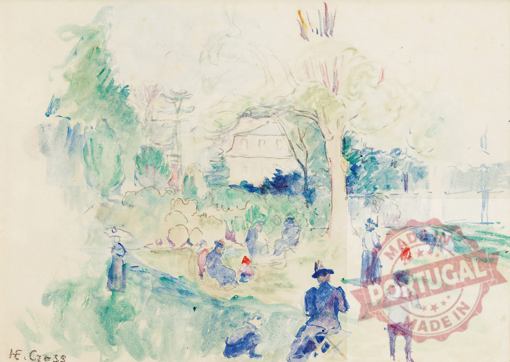 People relaxing in a vibrant park landscape. Henri Edmund Cross | Impressionistic watercolor painting showing people enjoying leisure time in a garden - Realized with Pictrs.com