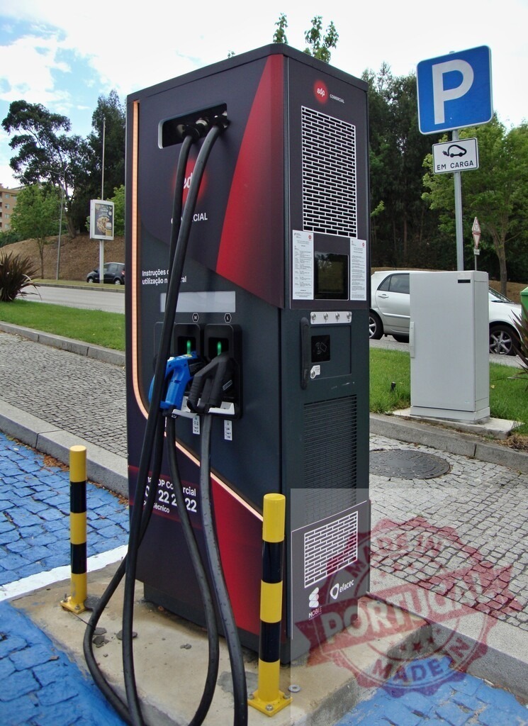 Electric vehicle charging station with EV parking sign | Electric vehicle charging station providing green energy for sustainable transportation - Realized with Pictrs.com