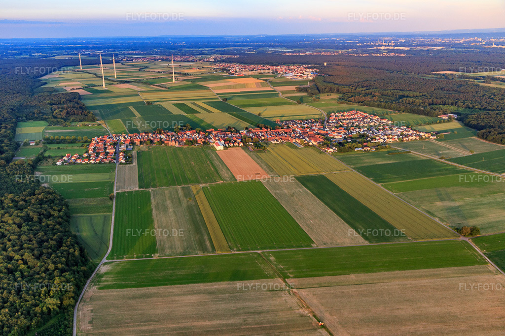 Luftbild: Ortsansicht von Westen im Ortsteil Hayna in Herxheim im Bundesland Rheinland-Pfalz in Deutschland. Foto: IMG_107778.jpg vom 03.06.2018 durch Werner Riehm/FLY-FOTO.de