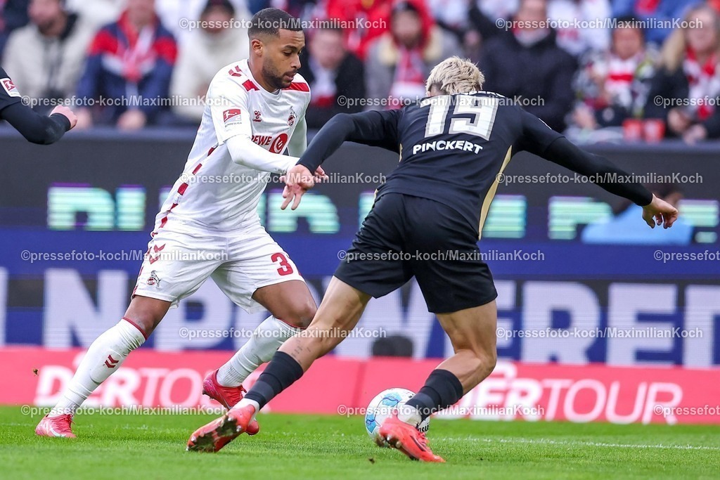 1FC25012501049 | 25.01.2025, Fußball, 1. FC Köln - SV 07 Elversberg, 2.. Fußball Bundesliga, 19. Spieltag, RheinEnergie-STADION, Saison 2024 2025: Lukas Pinckert (SV Elversberg #19) im Zweikampf gegen Linton Maina (FC Köln #37)DFB regulations prohibit any use of photographs as image sequences and or quasi-video.