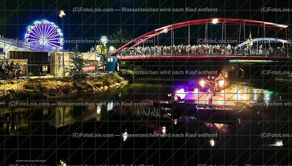 0550_Luftbild_VOLKSFEST-Wlbg_InselFeuer-Show | (C)FotoLois.com, Alois Spandl, Luftbild, Wieselburger VOLKSFEST neu, Feuershow auf der Erlaufinsel unter den Brücken, Do 29. Juni 2023.