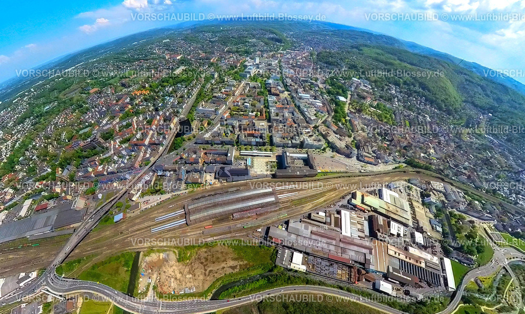 Hagen230520044Hauptbahnhof | Luftbild, Hagen Hauptbahnhof, Erdkugel, Fisheye Aufnahme, Fischaugen Aufnahme, 360 Grad Aufnahme, Mittelstadt, Hagen, Sauerland, Nordrhein-Westfalen, Deutschland