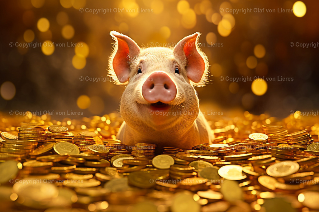 Glücksschwein | Schwein sitzt auf Goldmünzen