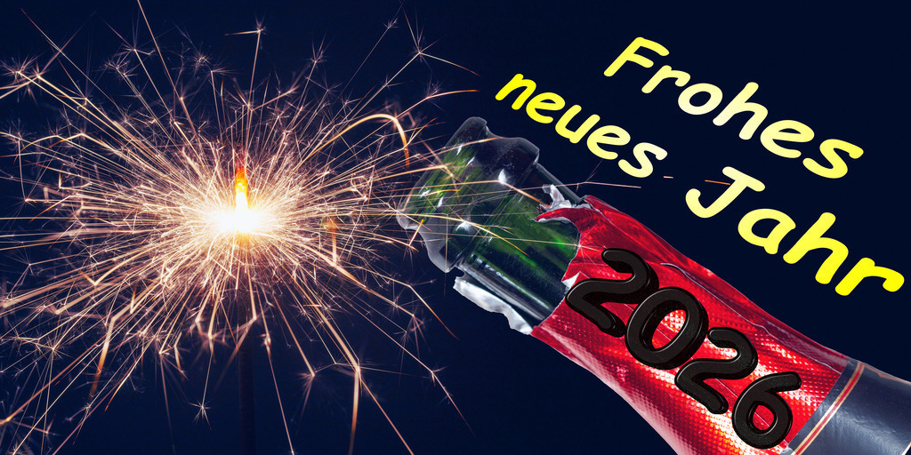 FROHES NEUES JAHR 2026 | Fotomontage) Silvester 2026: Wunderkerze, Flaschenhals einer Sektflasche und Text FROHES NEUES JAHR 2026 - Realisiert mit Pictrs.com