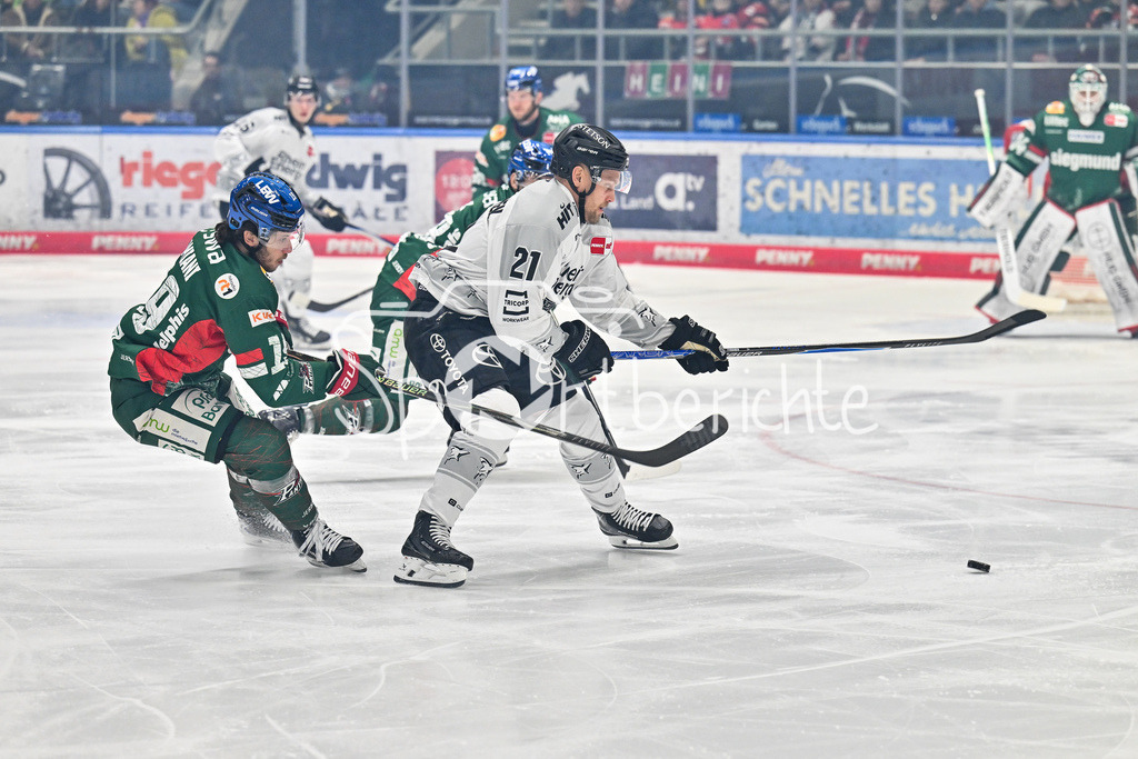 Augsburger Panther - Kölner Haie | AUGSBURG, GERMANY - 11. JANUARY: im Duell Riley DAMIANI (Augsburger Panther 19) und Juhani TYRVÄINEN (Kölner Haie 21) während dem Match zwischen den Augsburger Panthern und den Kölner Haien am 39. Spieltag der penny DEL im Curt Frenzel Stadion