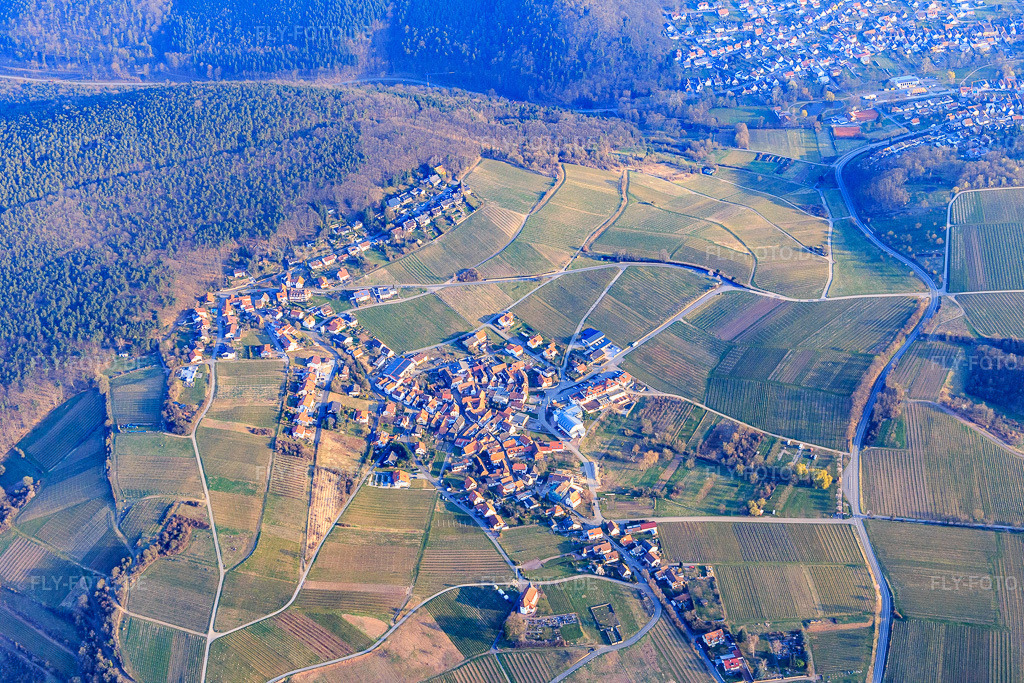 Luftbild: Ortsansicht von Südosten im Ortsteil Gleiszellen in Gleiszellen-Gleishorbach im Bundesland Rheinland-Pfalz in Deutschland. Foto: IMG_076749.jpg vom 28.03.2015 durch Werner Riehm/FLY-FOTO.de