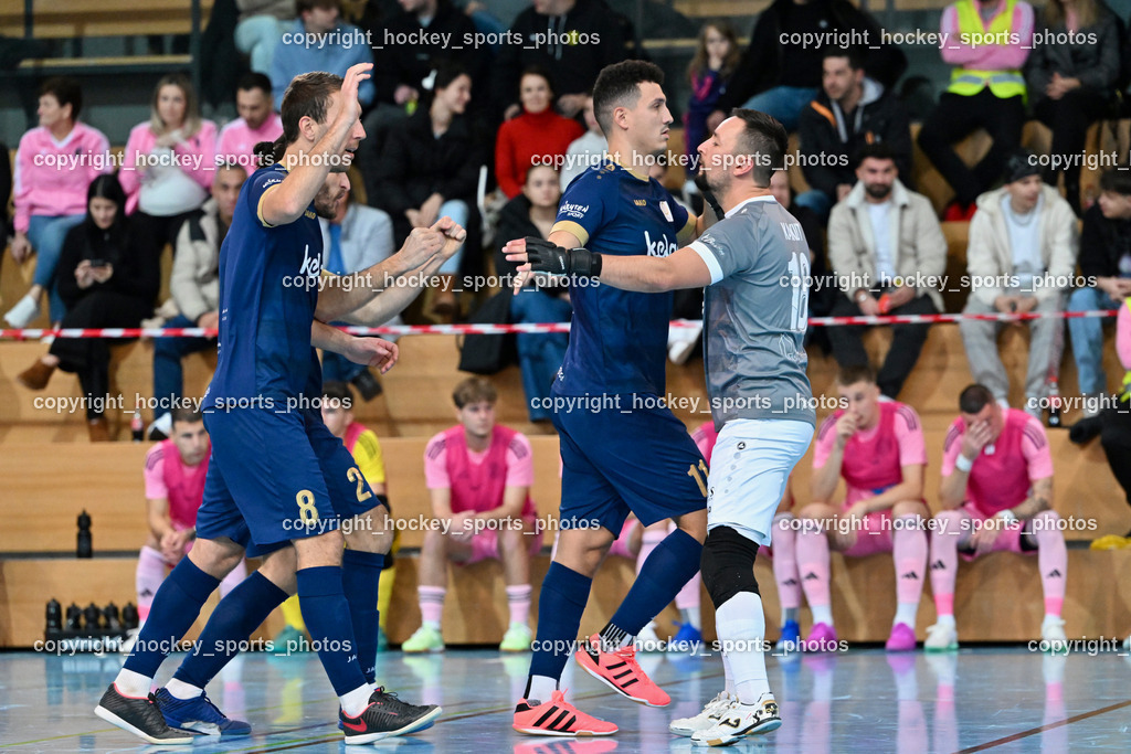 Carinthia Flamengo Futsal Club vs. Futsal Klagenfurt | Jubel Futsal Klagenfurt Mannschaft, #8 Marko Sarkovic Futsal Klagenfurt, #2 Nikola Jandric Futsal Klagenfurt, #11 Saso Kovacevic Futsal Klagenfurt, #18 Vladimir Kajkut Futsal Klagenfurt, Carinthia Flamengo Futsal Club vs. Futsal Klagenfurt, Carinthia Flamengo Futsal Club vs. Futsal Klagenfurt am 01.12.2024 in Klagenfurt (Ballspielhalle Viktring), Austria, (Photo by Bernd Stefan)