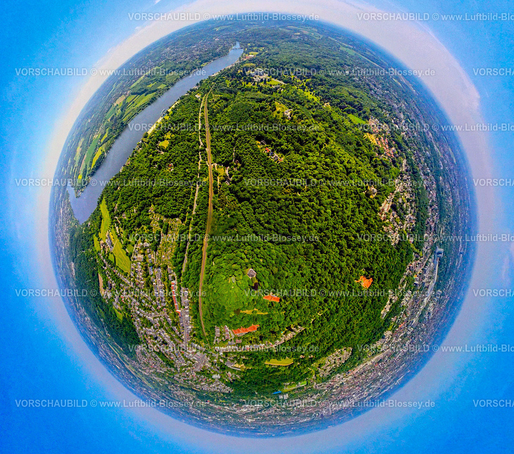 Essen250590038Stadtwald | Luftbild, Stadtwald zwischen Autobahn A52 und Baldeneysee, Bahnlinie und Naherholungsgebiet, hinten die Villa Hügel, Erdkugel, Fisheye Aufnahme, Fischaugen Aufnahme, 360 Grad Aufnahme, tiny world, little planet, fisheye Bild, Stadtwald, Essen, Ruhrgebiet, Nordrhein-Westfalen, Deutschland