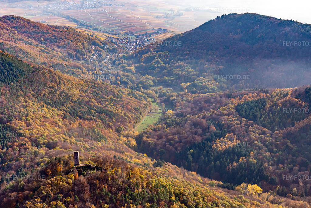 Luftbild: Burgruine Scharfenberg in Leinsweiler im Bundesland Rheinland-Pfalz in Deutschland. Foto: IMG_123714.jpg vom 07.11.2020 durch Werner Riehm/FLY-FOTO.de