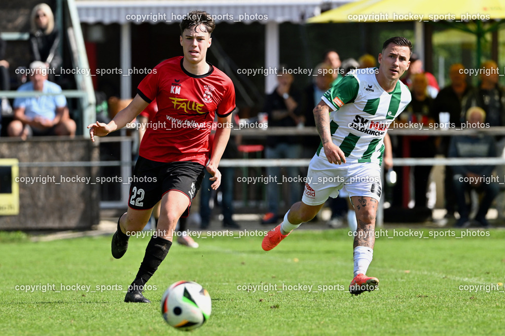 SV Falle Maria Gail vs. SV Feldkirchen | #22 Lukas Novak SV Falle Maria Gail, #19 Dominik Mak SV Feldkirchen, SV Falle Maria Gail vs. SV Feldkirchen, SV Falle Maria Gail vs. SV Feldkirchen am 14.09.2025 in Villach (Sportplatz Maria gail), Austria, (Photo by Bernd Stefan)