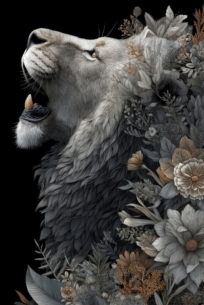 2506001 - Löwe mit Blumen und Pflanzen | Ein ausdrucksstarkes Wandbild mit ruhiger Präsenz.Der grau gehaltene Löwenkopf wirkt wie verwoben mit den floralen Elementen – kraftvoll, aber nicht aufdringlich. Die gedeckten Naturtöne lassen sich vielseitig kombinieren und passen besonders gut in moderne, reduzierte Wohnräume. Wähle Format und Ausführung ganz einfach über "Bestellen".