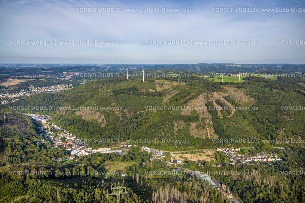 Hagen230902758 | Luftbild, Windräder im Wald mit Waldschäden, Ortsteil Nahmer, Veserde, Nachrodt-Wiblingwerde, Ruhrgebiet, Nordrhein-Westfalen, Deutschland