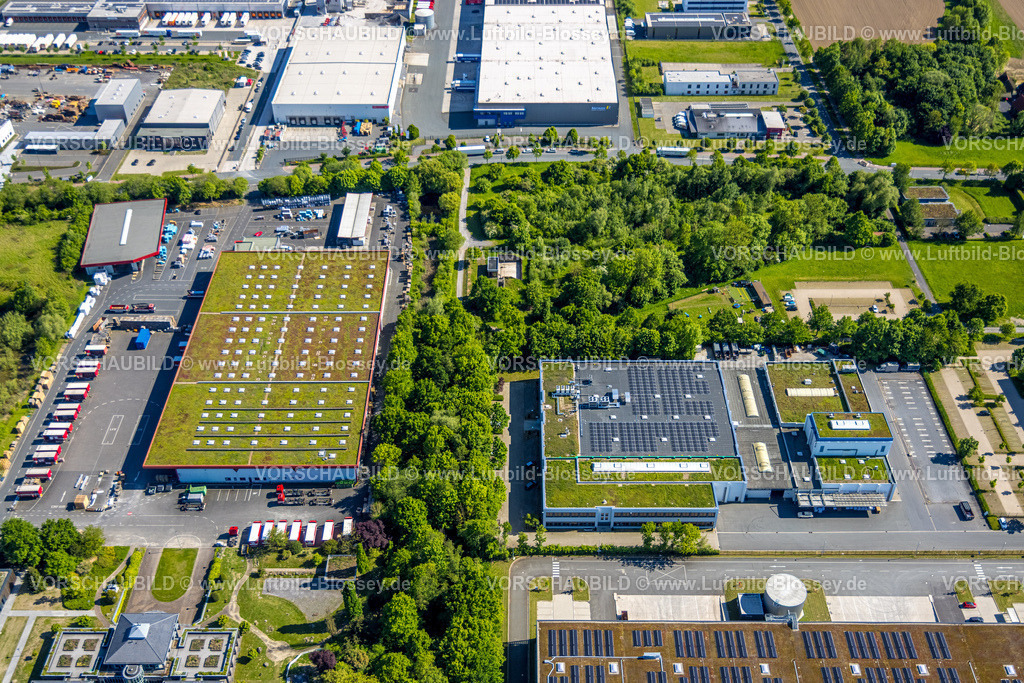 Hamm250500694Druckzentrum_DEX | Luftbild, Dachdeckereinkauf, DEX, Rhynern, Dachbegrünung, Hamm , Ruhrgebiet, Nordrhein-Westfalen, Deutschland