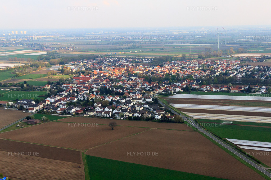 Luftbild: Ortsansicht von Norden in Heßheim im Bundesland Rheinland-Pfalz in Deutschland. Foto: IMG_49861.jpg vom 13.04.2012 durch Werner Riehm/FLY-FOTO.deAuflösung des Originals: 4752 x 3168 px