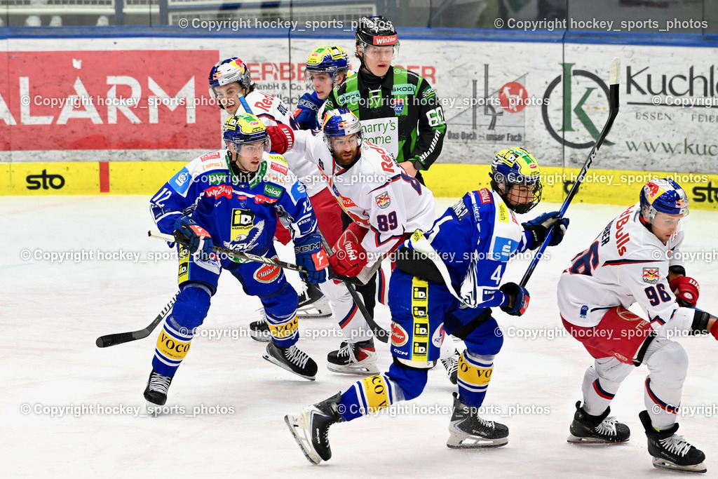 EC IDM Wärmepumpen VSV vs. EC Red Bull VSV | #96 Mario Huber EC Red Bull Salzburg, #46 Paul Sintschnig EC VSV, #12 Brett Budgell EC VSV, #89 Florian Baltram EC Red Bull Salzburg, DUMMERMUTH-HAAS ELIAS Referee, EC IDM Wärmepumpen VSV vs. EC Red Bull VSV, EC IDM Wärmepumpen VSV vs. EC Red Bull Salzburg am 16.01.2026 in Villach (Stadthalle Villach), Austria, (Photo by Bernd Stefan)