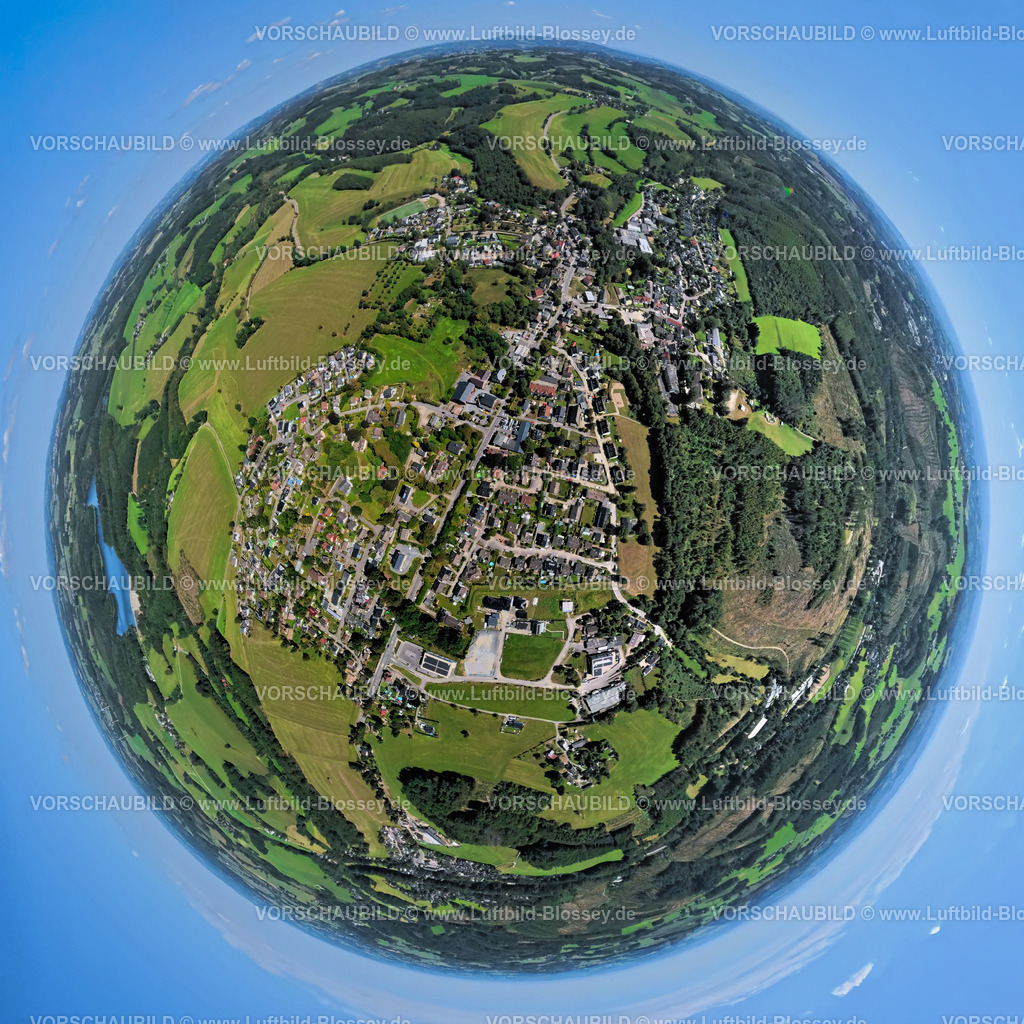 Kierspe250813351 | Luftbild, Wohngebiet Ortsansicht Ortsteil Rönsahl, Erdkugel, Fisheye Aufnahme, Fischaugen Aufnahme, 360 Grad Aufnahme, tiny world, little planet, fisheye Bild, Rönsahl, Kierspe, Sauerland, Nordrhein-Westfalen, Deutschland