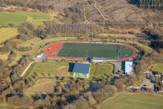 Breckerfeld250303034 | Luftbild, Fußballstadion Schwarz Weiß Breckerfeld Fußballverein, Sportplatz und Freizeitanlage, Breckerfeld, Ruhrgebiet, Nordrhein-Westfalen, Deutschland