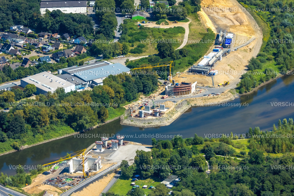 Wesel240802566 | Luftbild, Lippemündungsraum mit Baustelle Ergänzungsbau an der Rheinbrücke Wesel, Fluss Lippe und Naturschutzgebiet, Wesel, Ruhrgebiet, Niederrhein, Nordrhein-Westfalen, Deutschland