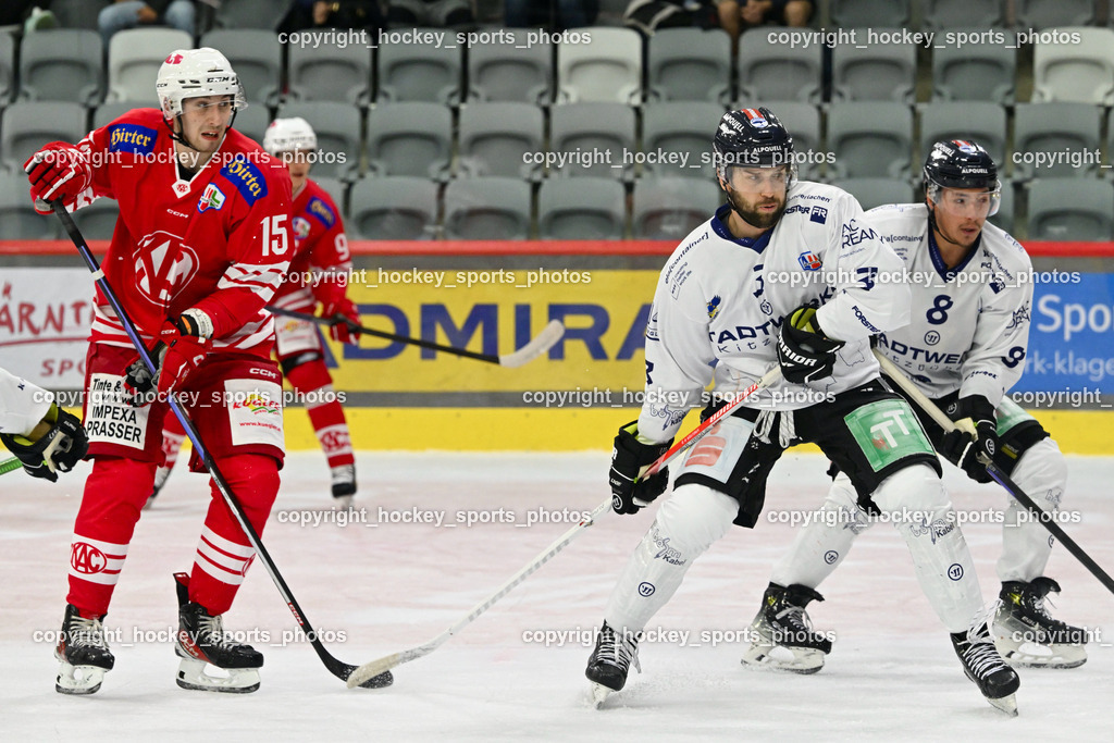 EC KAC Future Team vs. Die Adler Kitzbühl 7.10.2023 | #15 Slibar Ozbe EC KAC FUTURE TEAM, #3 Kreuter David EC Kitzbühel, #8 Matzka Moritz EC Kitzbühel, EC KAC Future Team vs. Die Adler Kitzbühl 7.10.2023, EC KAC Future Team vs. Die Adler Kitzbühl am 07.10.2023 in Klagenfurt (Messehalle Klagenfurt), Austria, (Photo by Bernd Stefan)