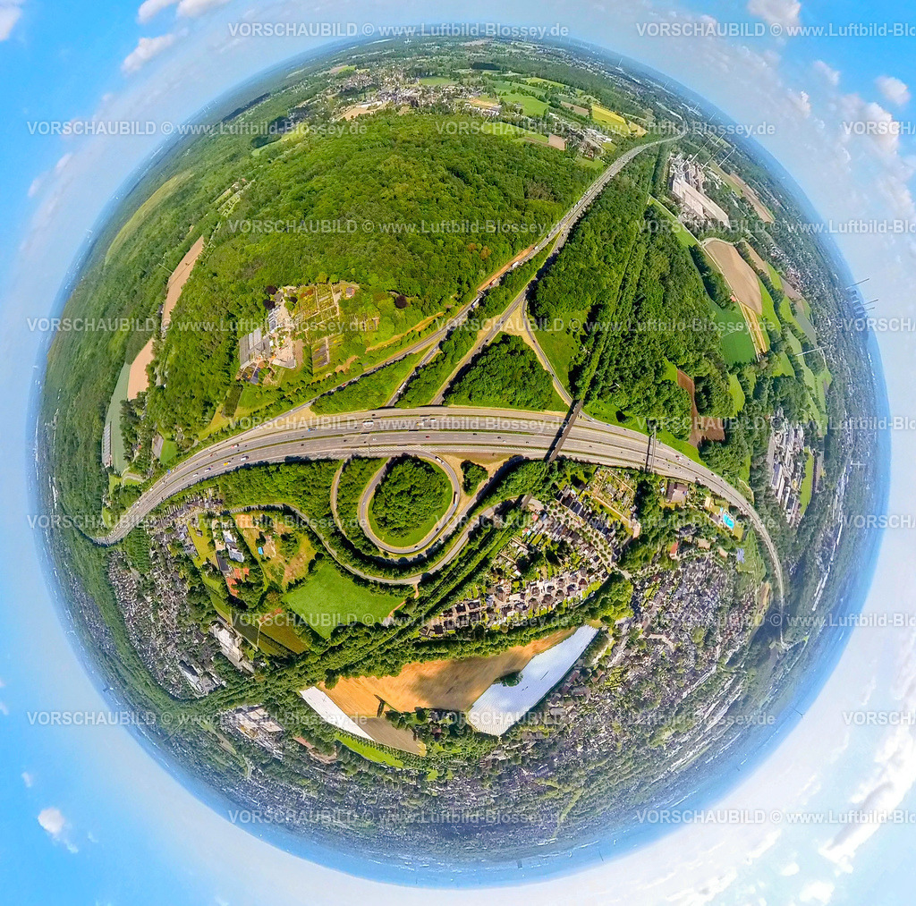 Bottrop230520075BoyA42A2 | Luftbild, Ausbau Autobahndreieck Bottrop mit Autobahn A31 und Autobahn A2, Köllnischer Wald, Erdkugel, Fisheye Aufnahme, Fischaugen Aufnahme, 360 Grad Aufnahme, Stadtwald, Bottrop, Ruhrgebiet, Nordrhein-Westfalen, Deutschland