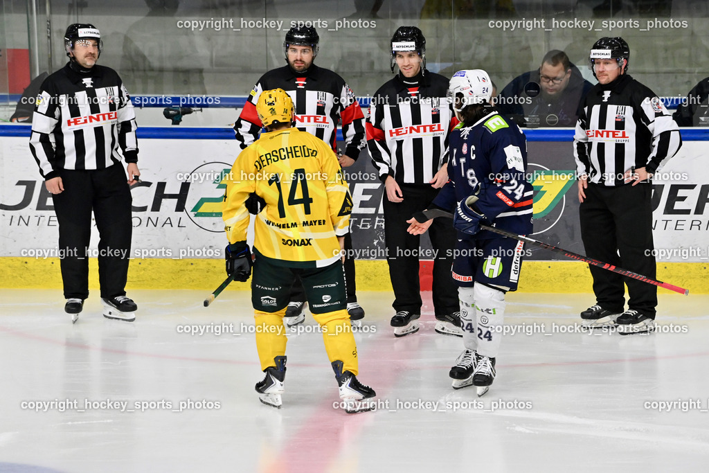ATSE Graz vs. EHC Lustenau | #14 Oberscheider Dominik EHC Lustenau, #24 Wickstrom Cody ATSE Graz, MEIXNER Sebastian Referee, WENUSCH Hermann Referee, BERGER Oliver Referee, SCHAFFER Markus Referee, ATSE Graz vs. EHC Lustenau, ATSE Graz vs. EHC Lustenau am 14.02.2026 in Graz (Merkur Eishalle ), Austria, (Photo by Bernd Stefan)