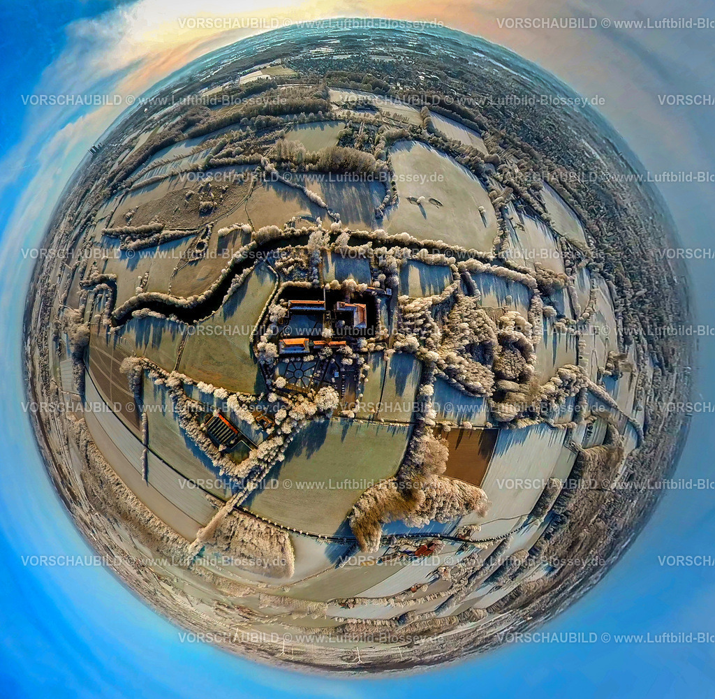 Hamm221290027LippeSchlossOberwerries | Luftbild von Hamm im Schnee, winterliches Schloss Oberwerries, Fluss Lippe, fisheye, Fisheye Aufnahme, Fischaugen Aufnahme, 360 Grad Aufnahme, Uentrop, Hamm, Ruhrgebiet, Nordrhein-Westfalen, Deutschland