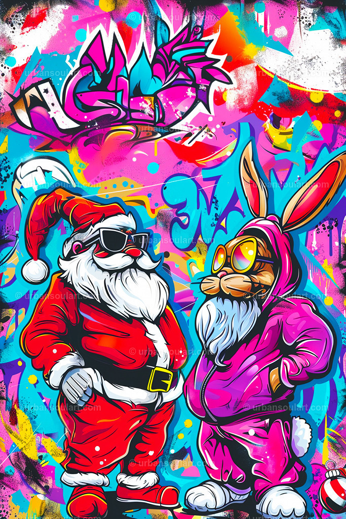 Santa Hanging With Easter Bunny | A playful and whimsical piece featuring Santa Claus and the Easter Bunny, both dressed in street-style outfits. Ideal for adding a fun, festive twist to holiday decor with a modern edge. - Realisiert mit Pictrs.com