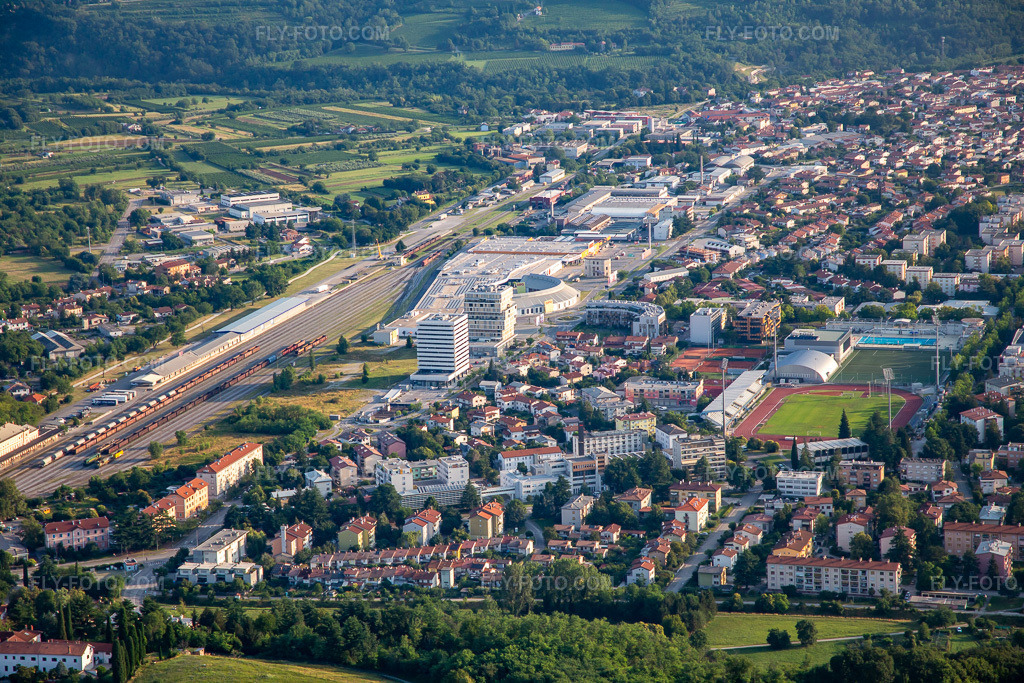 Aerial view: City center west from the south in Nova Gorica in the state Slovenia, Slovenia. – Photo: IMG_137618.jpg taken on 07/16/2023 by Werner Riehm/FLY-FOTO.com – Resolution of the original: 5472 x 3648 px