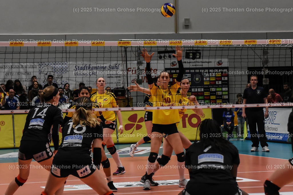 VBL VFB Suhl vs. SCHWARZ-WEISS Erfurt | (VFB Suhl) in Gelb, (Schwarz-Weiss Erfurt) in Schwarz; VBL VFB Suhl vs. SCHWARZ-WEISS Erfurt, Volleyball-Bundesliga Frauen am 17.02.2018 in der Multihalle in Meiningen, (Deutschland) - Realisiert mit Pictrs.com