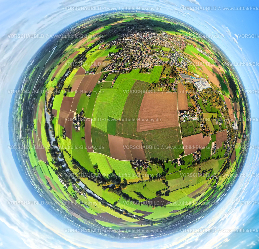 Rees251005055-2 | Luftbild, Ortsansicht MIllingen und Millinger Meer, Wiesen und Felder, Erdkugel, Fisheye Aufnahme, Fischaugen Aufnahme, 360 Grad Aufnahme, tiny world, little planet, fisheye Bild, Millingen, Rees, Niederrhein, Nordrhein-Westfalen, Deutschland