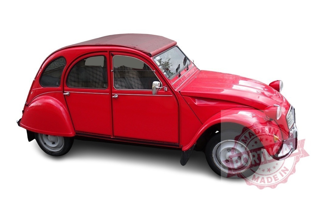 Classic red Citroën 2CV car parked, showcasing its unique vintage charm | Red Citroën 2CV parked, showing its vintage design and iconic corrugated bodywork - Realisiert mit Pictrs.com
