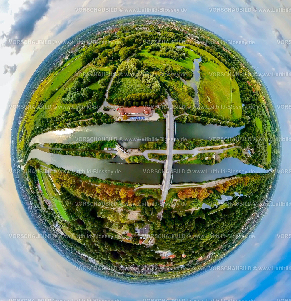 Hamm240890014Lippe_Faehrstrasse-2 | Luftbild, fluss, Lippe und Datteln-Hamm-Kanal, Bootshaus an der Brücke Fährstraße Kanal-Fährweg-Brücke, Erlebensraum Lippeaue LSG Landschaftsschutzgebiet, Erdkugel, Fisheye Aufnahme, Fischaugen Aufnahme, 360 Grad Aufnahme, tiny world, little planet, fisheye Bild, Stadtbezirk Heessen, Hamm, Ruhrgebiet, Nordrhein-Westfalen, Deutschland