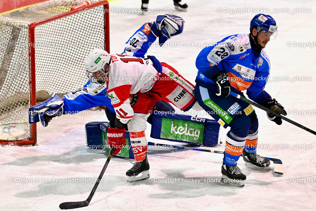 ESC Sparkasse Steindorf vs. ESV Ferlach | #70 Moser Lukas ESC Steindorf, #11 Toff Nico ESV Ferlach, #28 Bacher Stefan ESC Steindorf, ESC Sparkasse Steindorf vs. ESV Ferlach, ESC Sparkasse Steindorf vs. ESV Ferlach am 22.02.2026 in Steindorf  (Ossiachersee Halle ), Austria, (Photo by Bernd Stefan)
