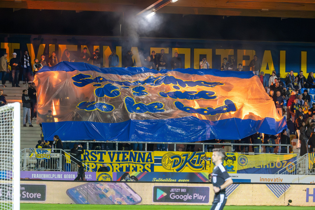 Impressionen der Naturarena Hohe Warte beim Heimspiel des First Vienna FC 1984 gegen SKN St. Pölten | Impressionen der Naturarena Hohe Warte beim Heimspiel des First Vienna FC 1984 gegen SKN St. Pölten / Die Fans des Vienna FC zeigen vor dem Anpfiff eine kleine Choreografie - Realisiert mit Pictrs.com