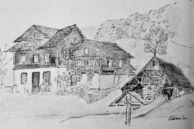 L1110943 | Zeichnung Familien-, Elternwohnhaus, Scheune unter dem Wald mit Jesuskreuz / Home for the young family, home for the old generation, stable and cross - Realisiert mit Pictrs.com