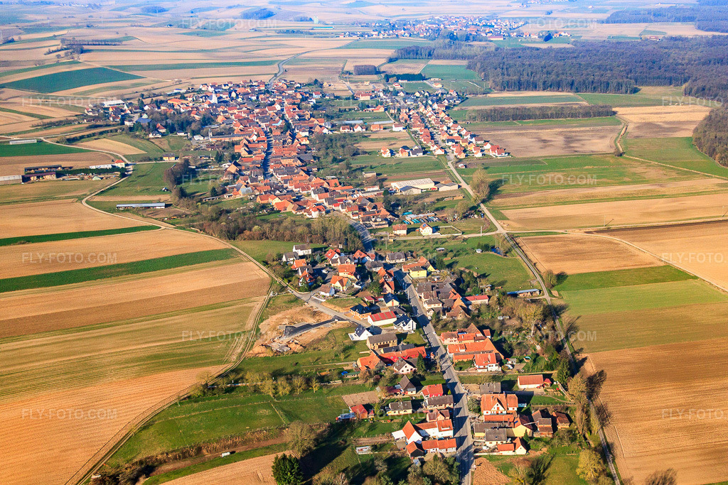 Aerial view: View of the town from the east in Niederlauterbach in the state Bas-Rhin, France.Photo: IMG_62661.jpg taken on 03/09/2014 by Werner Riehm/FLY-FOTO.comResolution of the original: 4703 x 3135 px