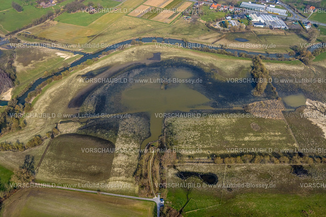 Lippetal240306937Lippborg | Luftbild, Fluss Lippe Mäander und See Disselmersch, am See die Beobachtungshütte Disselmersch Nationales Schutzgebiet, hinten DELMANN Pflanzenhof und Blumenhaus Blumen-Großhändler, Heintrop, Lippetal, Nordrhein-Westfalen, Deutschland