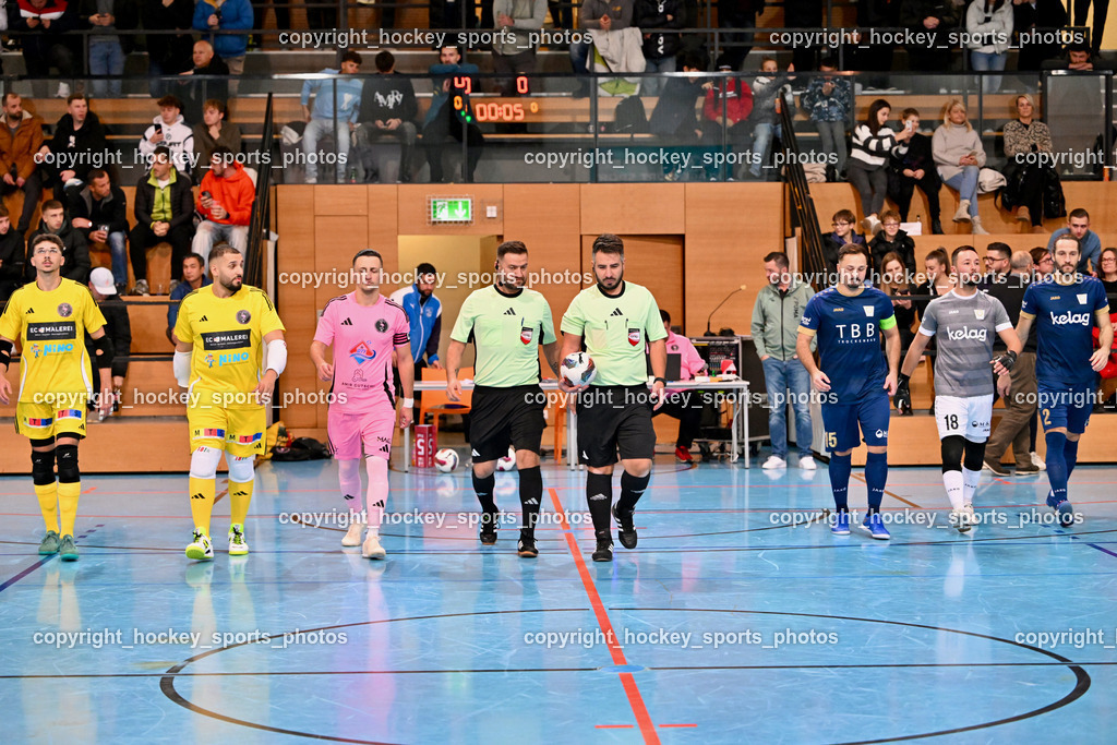Carinthia Flamengo Futsal Club vs. Futsal Klagenfurt | #22 Philip Luschin Carinthia Flamengo, #1 Youssef Helal Carinthia Flamengo, #7 Enes Brdjanovic Carinthia Flamengo, Salih Yildirim Referee, Faruk Celebi Referee, #15 Vahid Muharemovic Futsal Klagenfurt, #18 Vladimir Kajkut Futsal Klagenfurt, #2 Nikola Jandric Futsal Klagenfurt, Carinthia Flamengo Futsal Club vs. Futsal Klagenfurt, Carinthia Flamengo Futsal Club vs. Futsal Klagenfurt am 01.12.2024 in Klagenfurt (Ballspielhalle Viktring), Austria, (Photo by Bernd Stefan)
