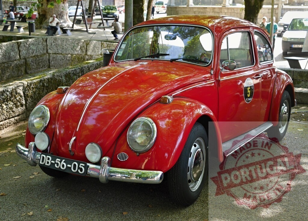 Red Volkswagen Beetle classic car parked outdoors | Red Volkswagen Beetle vintage car displaying rally number five on its door - Realized with Pictrs.com
