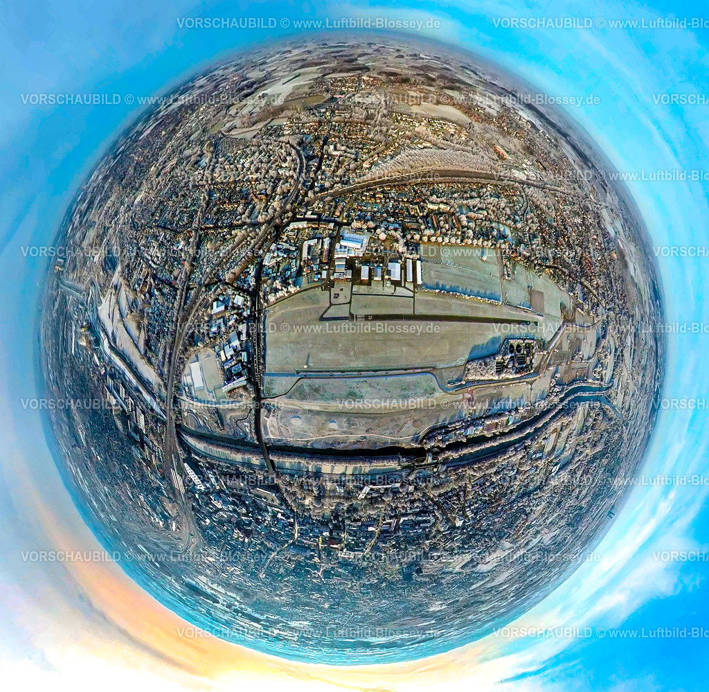 Hamm221290011FlugplatzHammLippewiesen | Luftbild von Hamm im Schnee, Lippeumbau Erlebensraum, Flugplatz Lippewiesen, fisheye, Fisheye Aufnahme, Fischaugen Aufnahme, 360 Grad Aufnahme, Uentrop, Hamm, Ruhrgebiet, Nordrhein-Westfalen, Deutschland