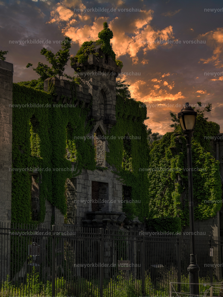 Smallpox Hospital auf Roosevelt Island – ein Ort voller Geschichte | Auf Roosevelt Island erhebt sich die Ruine des Smallpox Hospitals – ein Ort, der Geschichte und Schönheit in sich vereint. An einem klaren Tag, durchzogen von Sonne und Wolken, entsteht ein faszinierendes Lichtspiel, das die verwitterten Mauern in ein fast mystisches Leuchten taucht. Hier, wo einst Patienten isoliert wurden, um die Stadt vor Epidemien zu schützen, erzählt jede Steinstruktur von vergangenen Zeiten und menschlicher Hoffnung. Die neugotische Architektur mit ihren Zinnen und Bögen wirkt wie ein stiller Wächter am Ufer des East River, während die Skyline von Manhattan in der Ferne die Gegenwart markiert. Dieses Motiv ist mehr als ein Bild – es ist ein Blick in die Seele New Yorks, in die Verbindung von Vergangenheit und Moderne. Wer hier verweilt, spürt die Kraft der Geschichte und die Ruhe eines Ortes, der trotz allem Bestand hat. Ein zeitloser Moment, eingefangen zwischen Himmel, Wasser und Stein