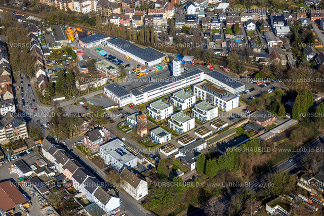 Gladbeck250201679 | Luftbild, Feuerwehr Rettungswache und Feuerwehrturm, Neubau Wohnsiedlung Roter Turm, hinten Zentraler Betriebshof Gladbeck ZBG mit Solardach, Gladbeck, Ruhrgebiet, Nordrhein-Westfalen, Deutschland