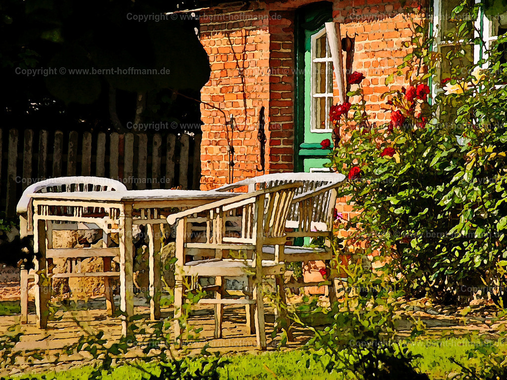 PDM2_Keitum-Garten01_100x75 | DIGITALKUNST. Keitumer Garten. __ Gartenterrasse vor einem Friesenhaus in Keitum auf der Insel Sylt.  - Realisiert mit Pictrs.com