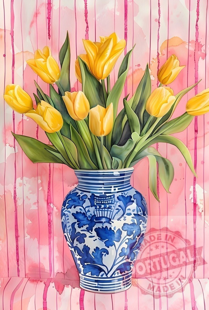 Yellow tulips blooming in blue and white vase | Yellow tulips in a blue and white Delftware vase on a pink striped watercolor background - Realized with Pictrs.com