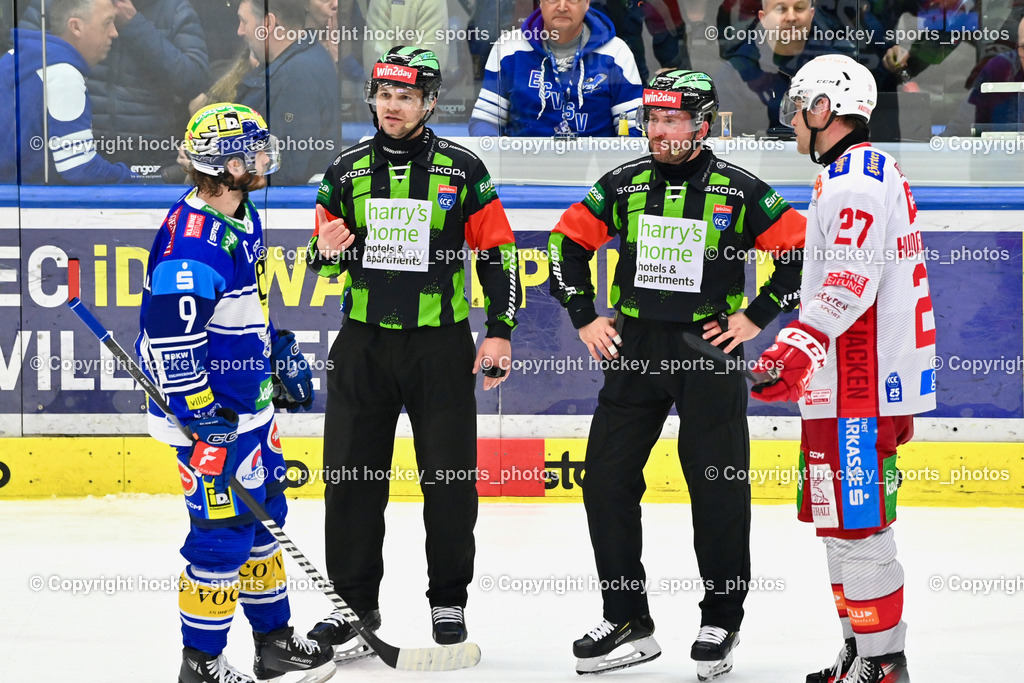 EC IDM WÄRMEPUMPEN VSV vs. EC KAC | #9 RAUCHENWALD Alexander EC VSV, Hornsky Tomas Referee, Nikolic Manuel Referee, #27 Hundertpfund Thomas EC KAC, EC IDM WÄRMEPUMPEN VSV vs. EC KAC, EC IDM WÄRMEPUMPEN VSV vs. EC KAC am 02.02.2025 in Villach (Stadthalle Villach), Austria, (Photo by Bernd Stefan)